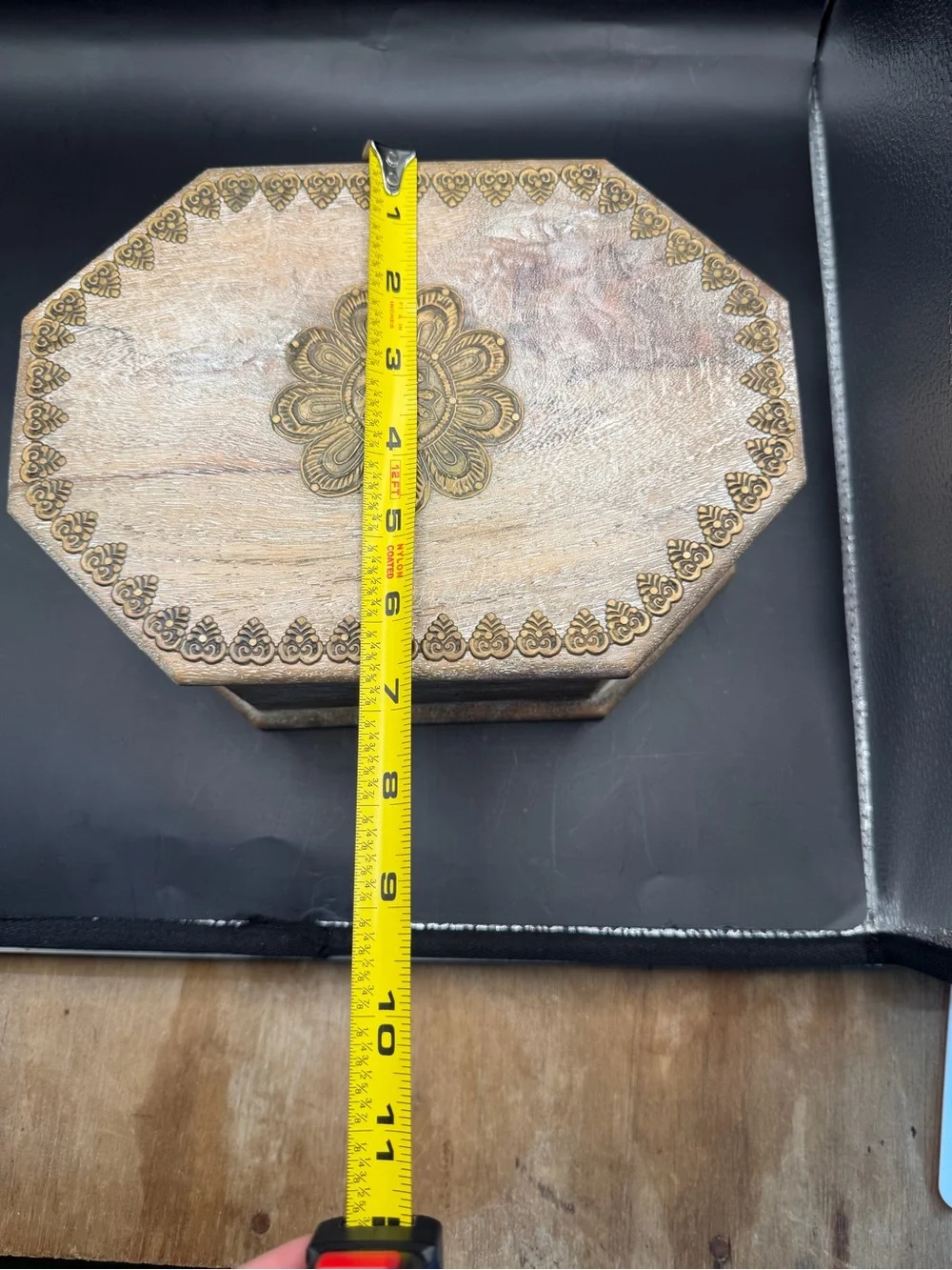 Vintage Hand Carved Wooden Octagon Keepsake Jewelry Box Rustic Decor
